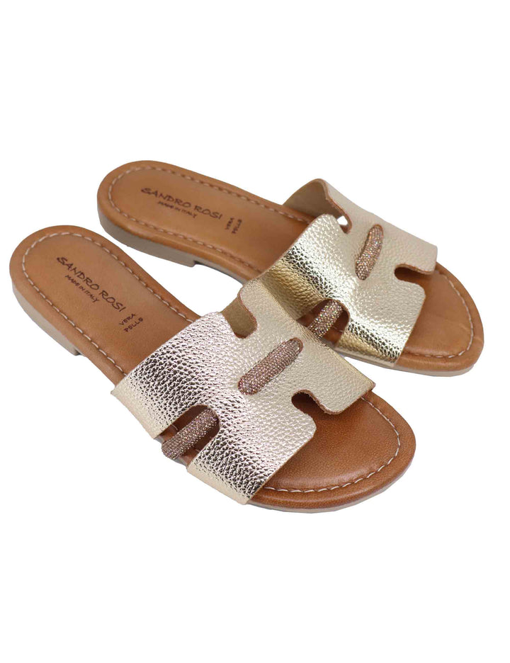 Spatarella Sandali flat donna in pelle laminata platino con stass Fino al 65% di sconto