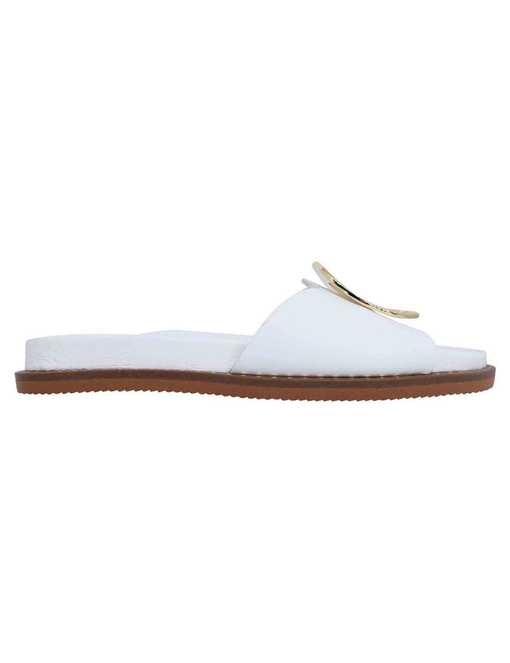 Spatarella Sandali donna flat in pelle bianca con fussbett e fibbia in oro Negozi Online