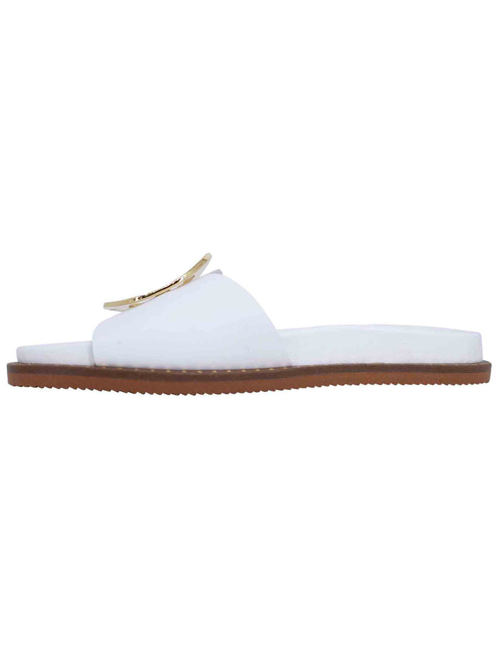 Spatarella Sandali donna flat in pelle bianca con fussbett e fibbia in oro Negozi Online