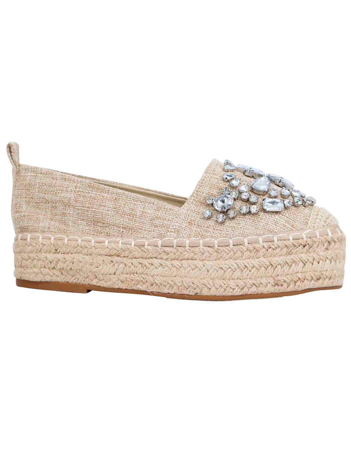 Spatarella Espadrillas donna in tessuto beige con strass e suola alta in corda Consegna Veloce