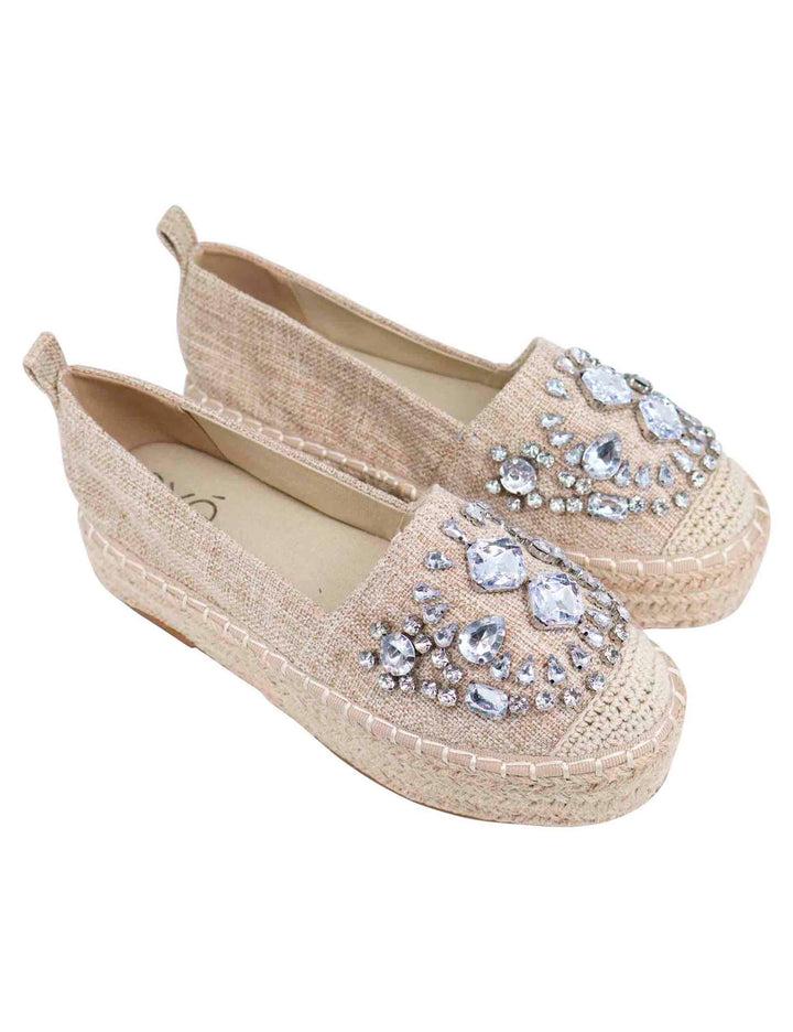 Spatarella Espadrillas donna in tessuto beige con strass e suola alta in corda Consegna Veloce