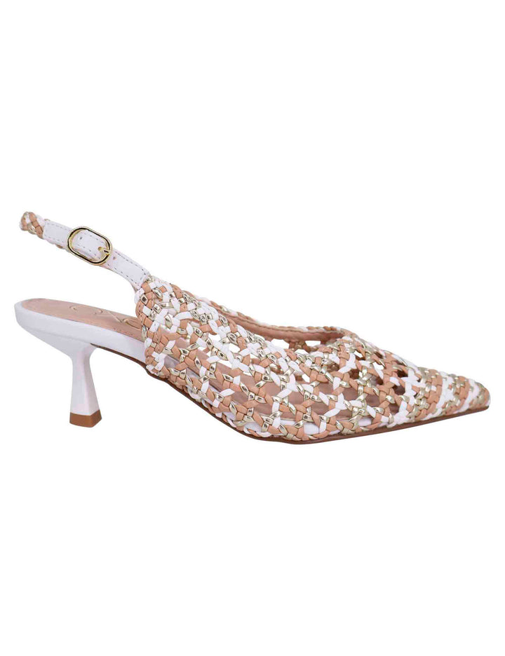 Spatarella Decollete slingback donna in eco pelle laminata bronzo multicolore con tacco bianco Promozione Limitata