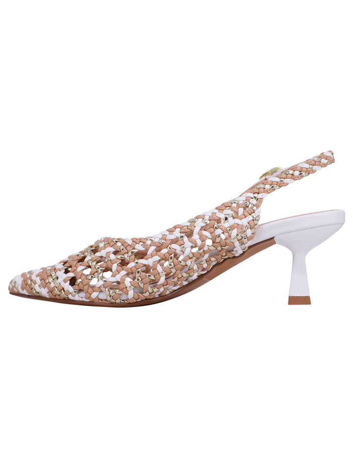 Spatarella Decollete slingback donna in eco pelle laminata bronzo multicolore con tacco bianco Promozione Limitata