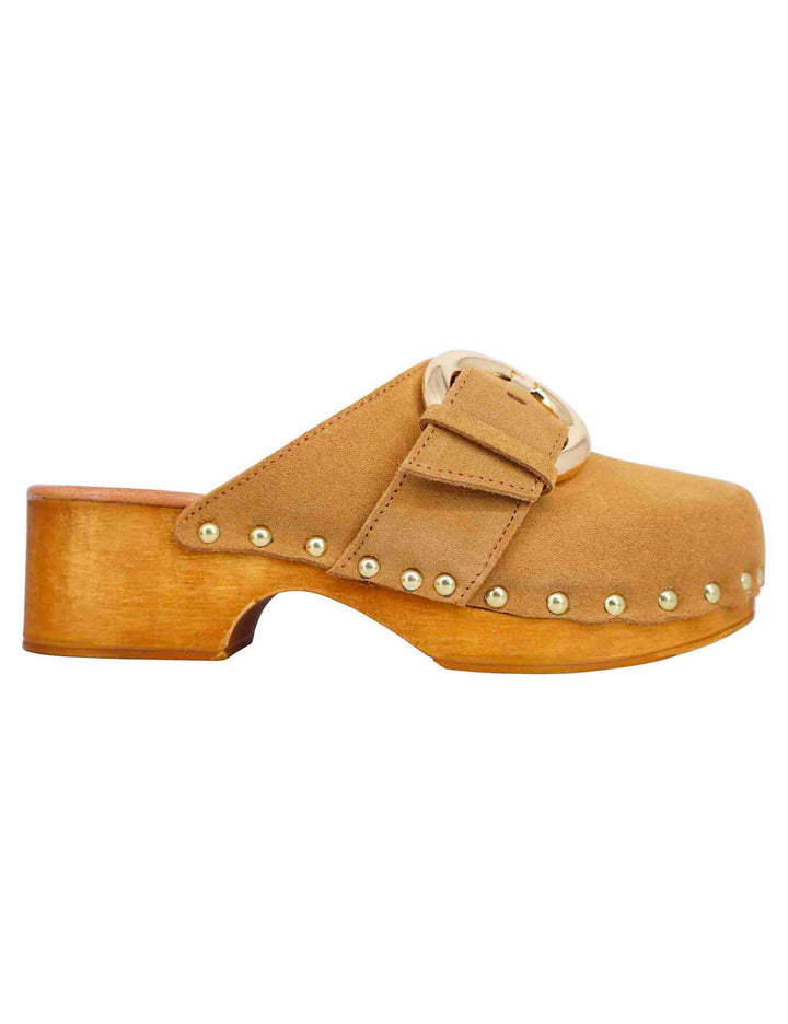 Spatarella Sabot donna in camoscio beige con fibbia laterale e tacco basso in legno Fino Al -60%