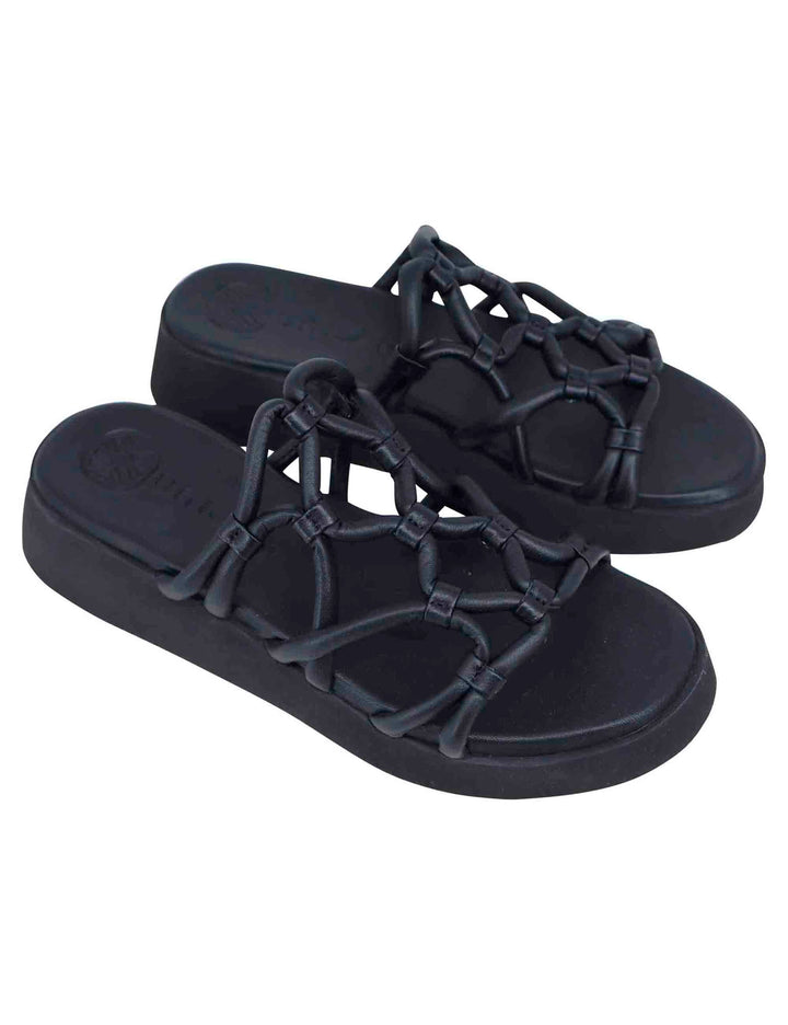Spatarella Sandali donna in pelle nera con zeppa in gomma Prezzo Ridotto