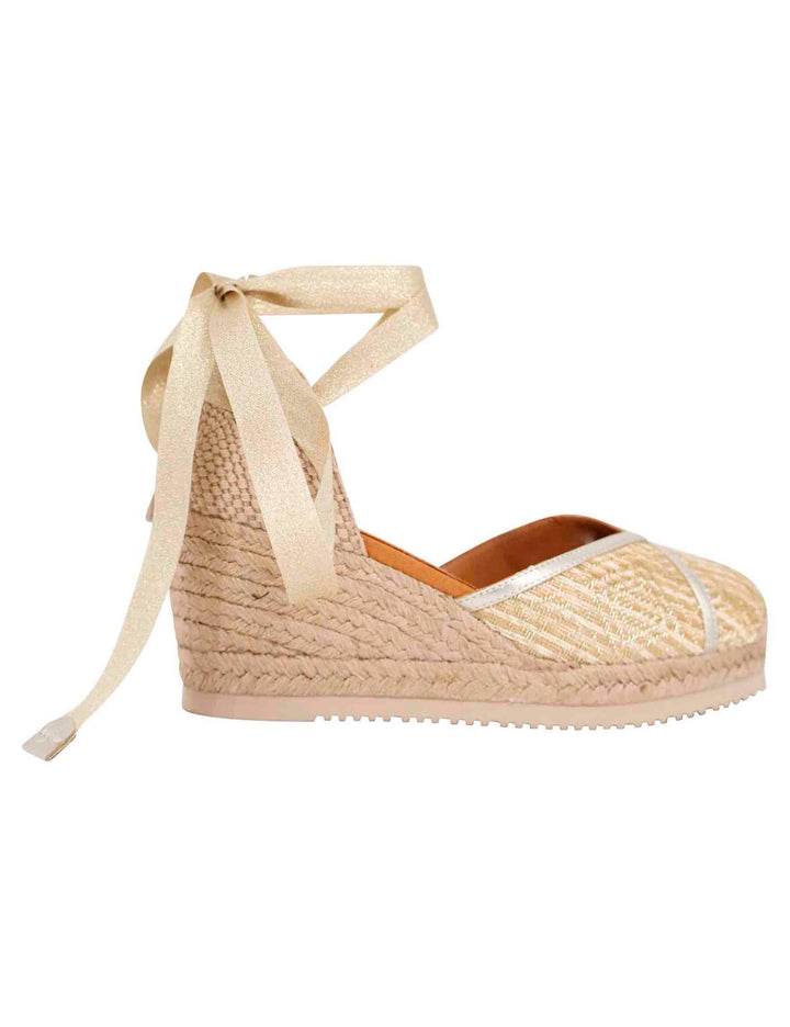 Spatarella Sandali espadrillas donna in tessuto oro e platino con zeppa in corda Sottocosto