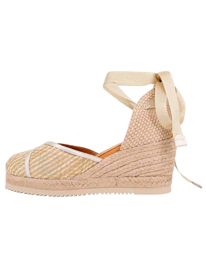 Spatarella Sandali espadrillas donna in tessuto oro e platino con zeppa in corda Sottocosto