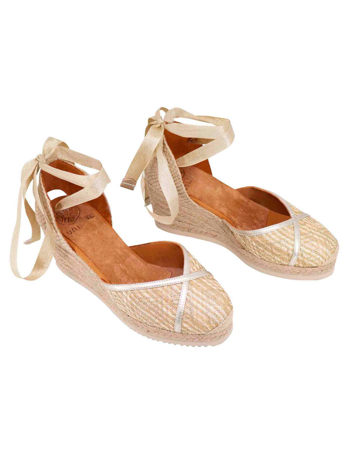 Spatarella Sandali espadrillas donna in tessuto oro e platino con zeppa in corda Sottocosto