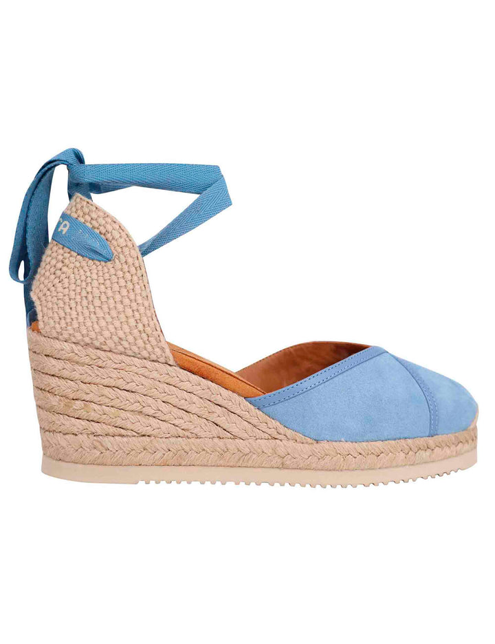 Spatarella Sandali espadrillas donna in camoscio celeste con zeppa in corda Presa