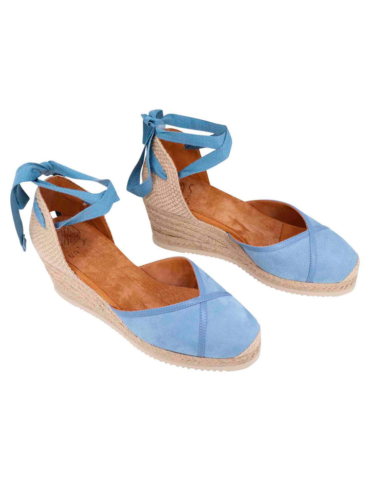 Spatarella Sandali espadrillas donna in camoscio celeste con zeppa in corda Presa