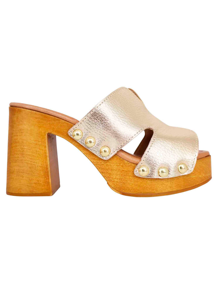 Spatarella Sandali zoccoli donna in pelle platino con fibbie oro e tacco alto Outlet