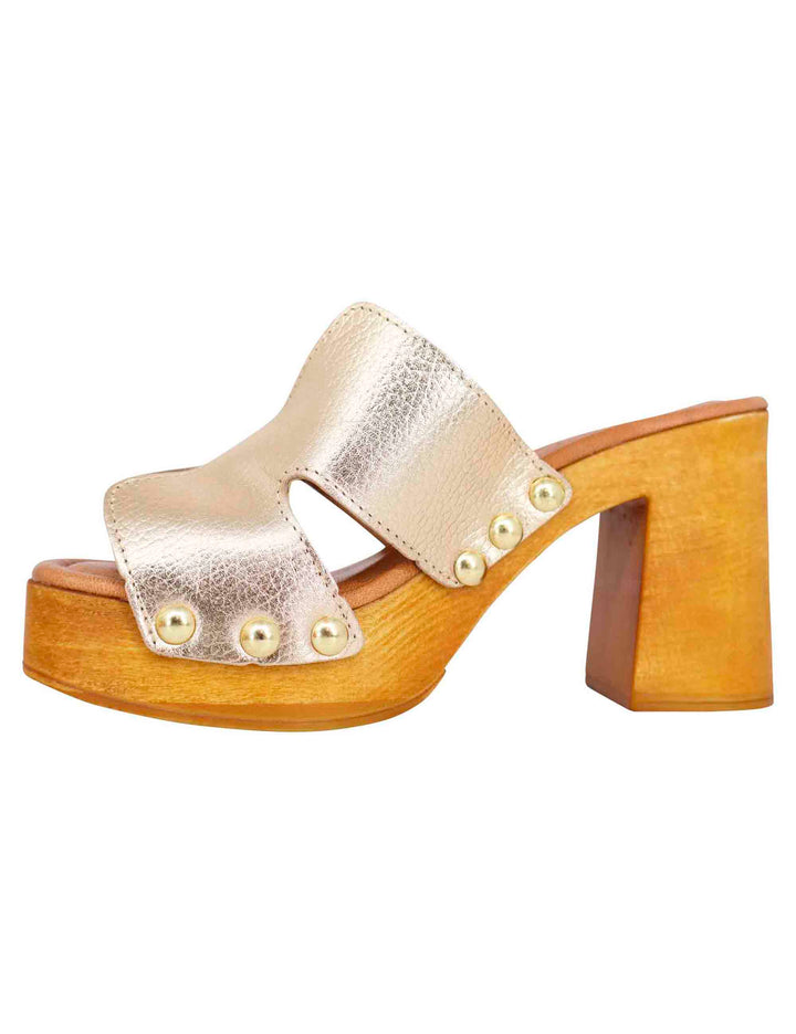 Spatarella Sandali zoccoli donna in pelle platino con fibbie oro e tacco alto Outlet