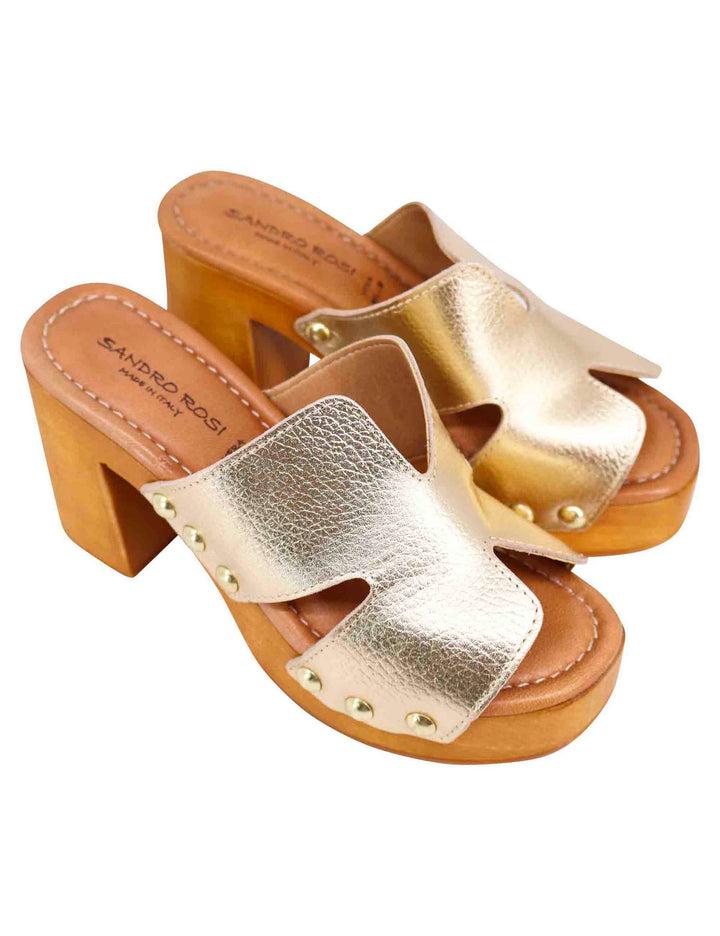 Spatarella Sandali zoccoli donna in pelle platino con fibbie oro e tacco alto Outlet