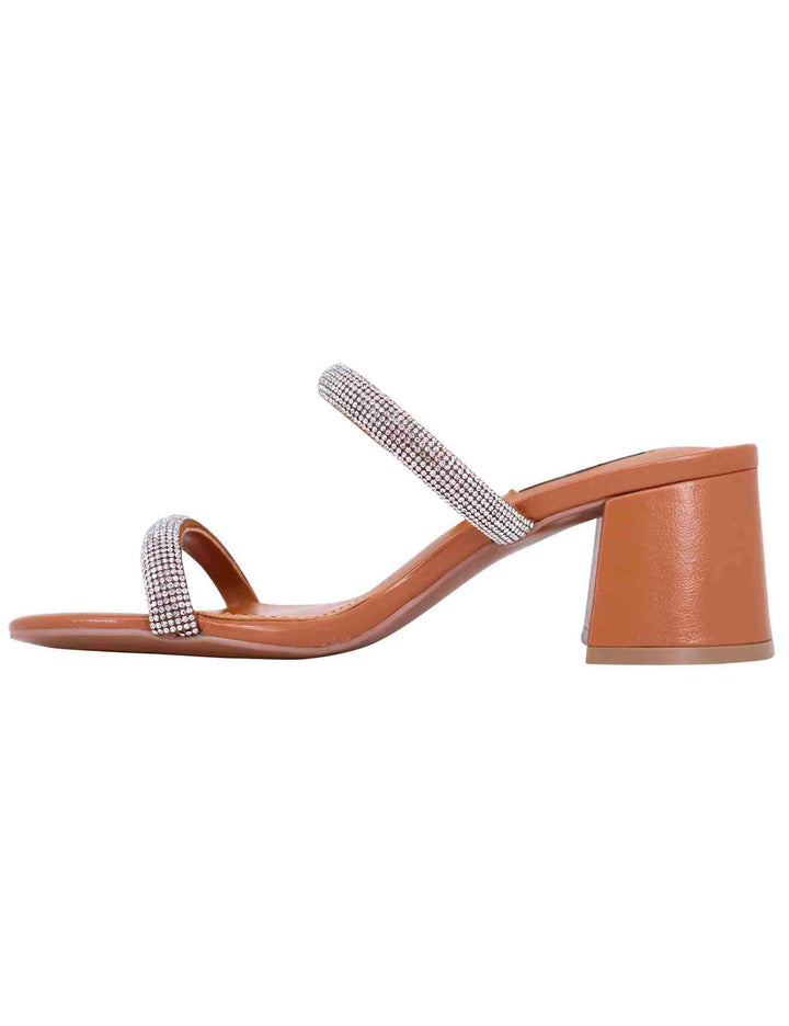 Spatarella Sandali donna in pelle cuoio con fascette in strass e punta tonda Heather In Vendita