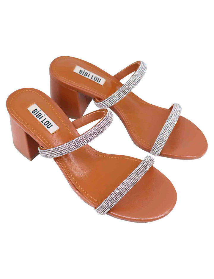 Spatarella Sandali donna in pelle cuoio con fascette in strass e punta tonda Heather In Vendita