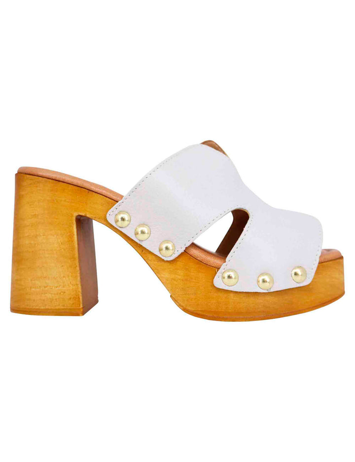Spatarella Sandali zoccoli donna in pelle bianca con fibbie oro e tacco alto Hotsell