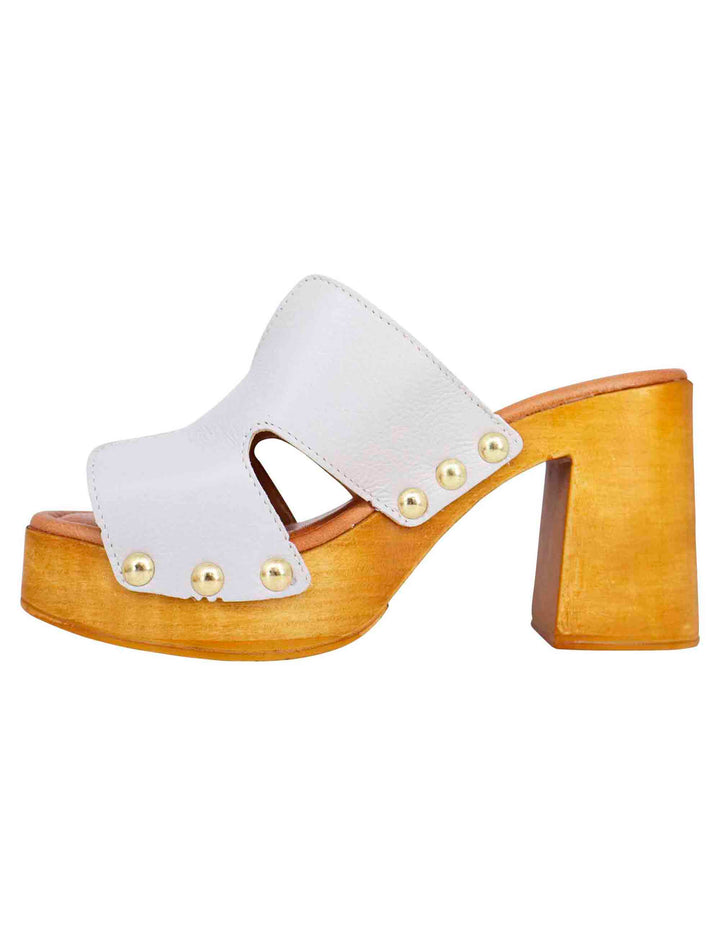 Spatarella Sandali zoccoli donna in pelle bianca con fibbie oro e tacco alto Hotsell