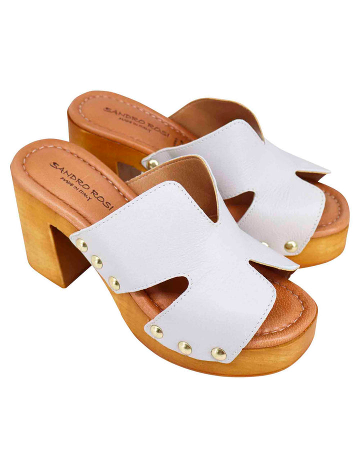 Spatarella Sandali zoccoli donna in pelle bianca con fibbie oro e tacco alto Hotsell