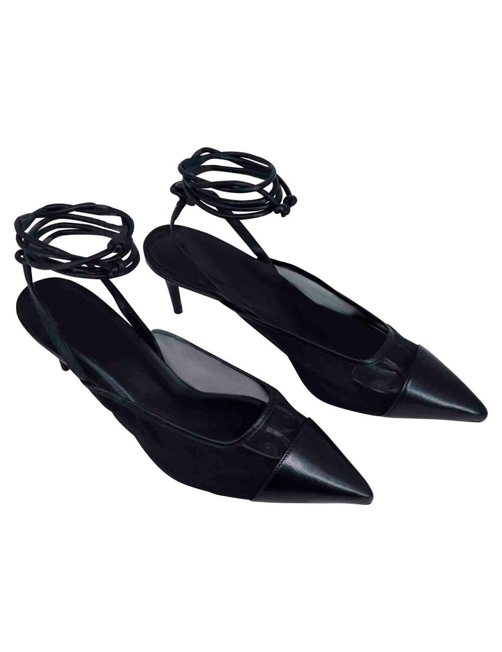 Spatarella Decollete slingback donna in rete e pelle nera con punta a punta e laccetti removibili Sconti VIP