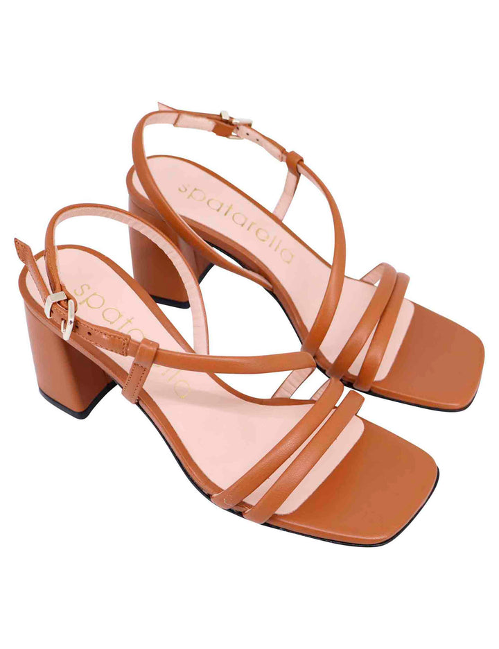 Spatarella Sandali slingback donna in pelle cuoio con tacco grosso e punta quadra Prezzo basso