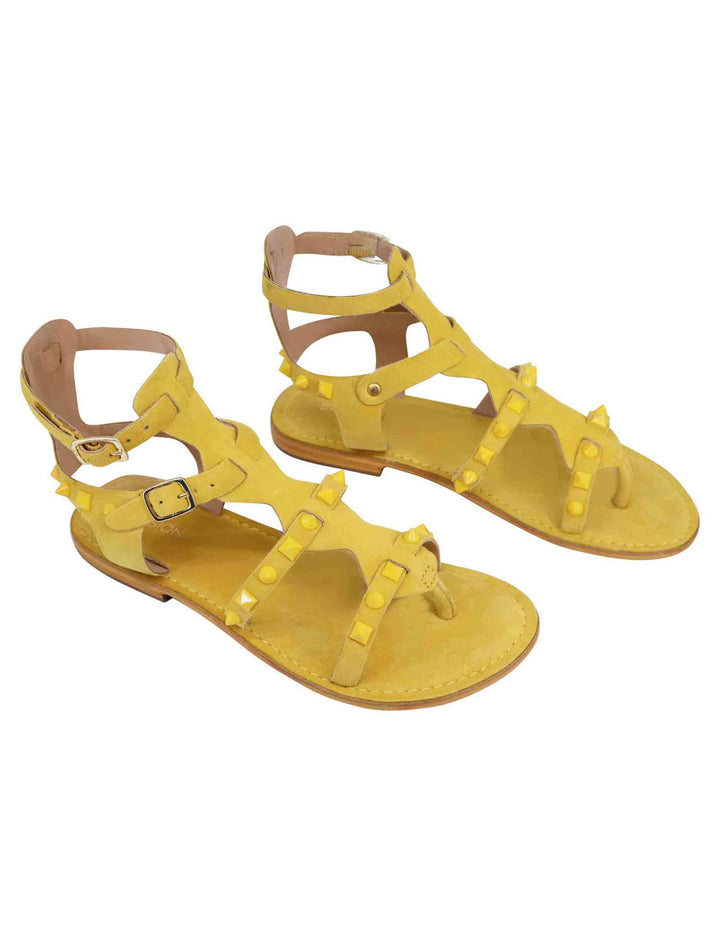 Spatarella Sandali donna gladiatore in camoscio giallo con suola bassa in cuoio ACQUISTA ORA