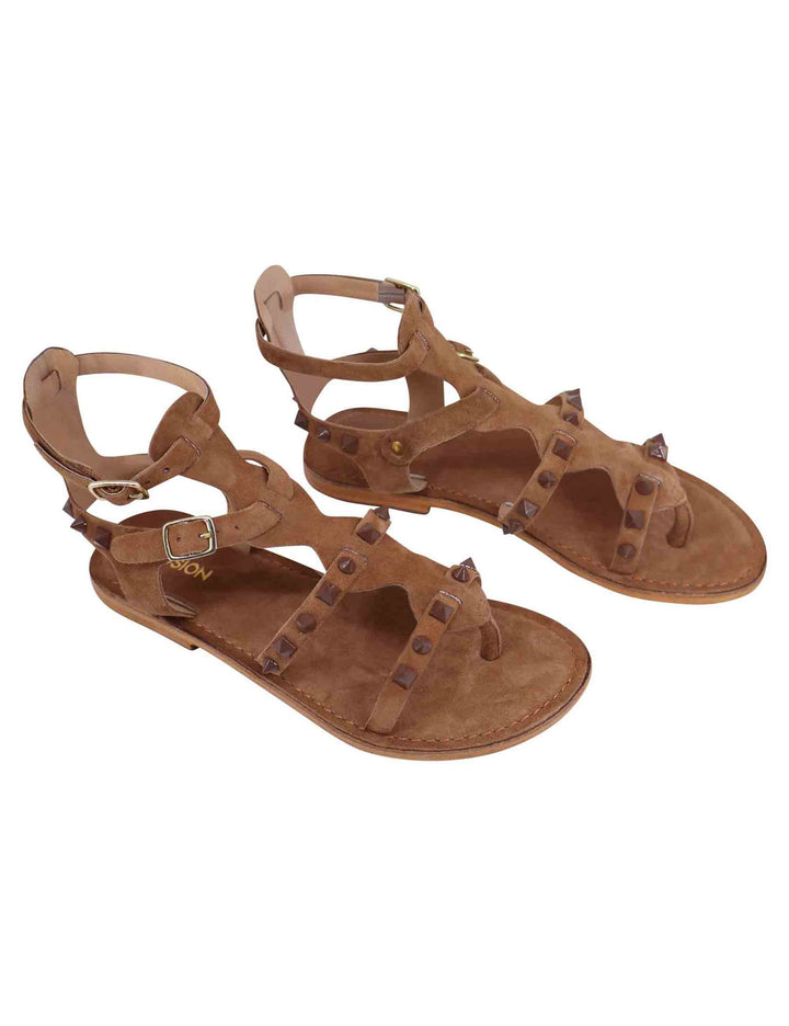 Spatarella Sandali donna gladiatore in camoscio taupe con suola bassa in cuoio Ultimi due giorni