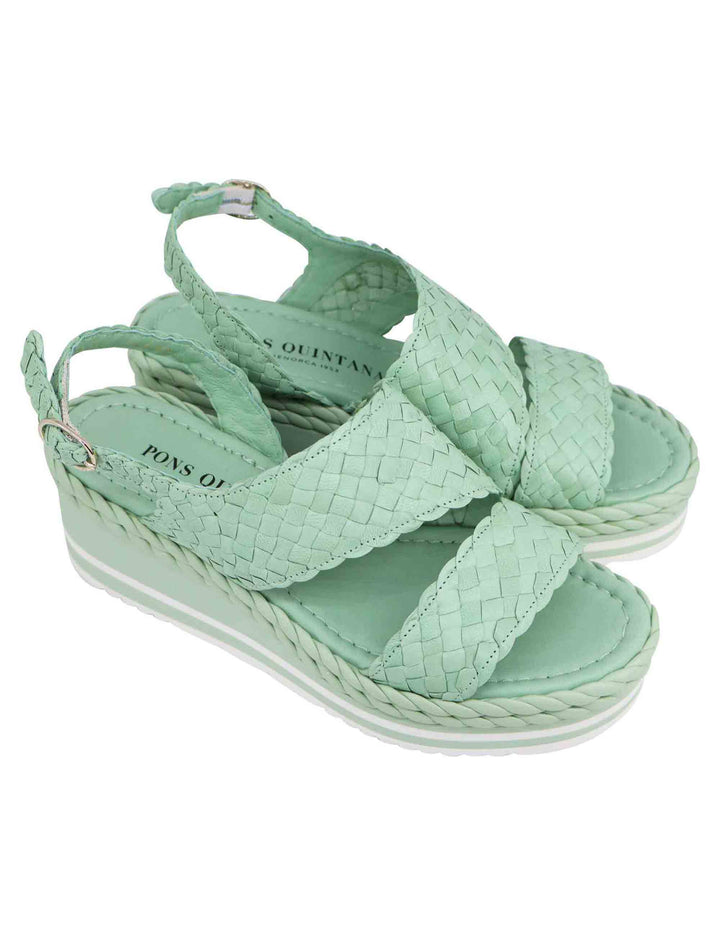 Spatarella Sandali donna in pelle intrecciata verde con zeppa in gomma Ultimo giorno