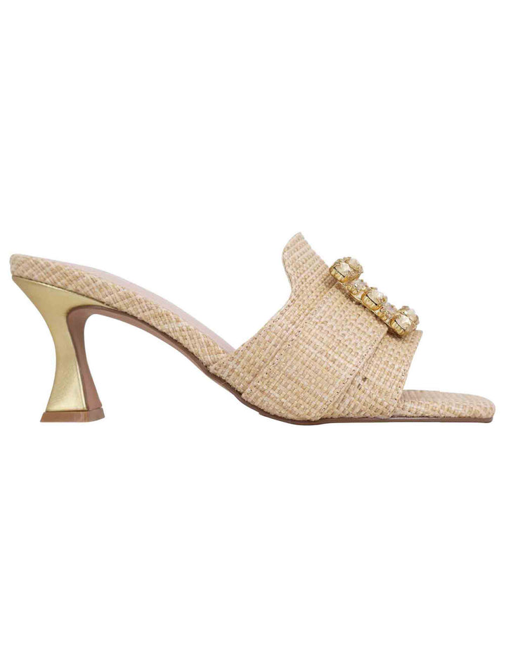 Spatarella Sandali donna in tessuto rafia beige con morsetto e tacco oro Only for today