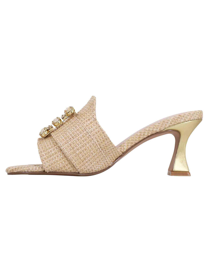 Spatarella Sandali donna in tessuto rafia beige con morsetto e tacco oro Only for today