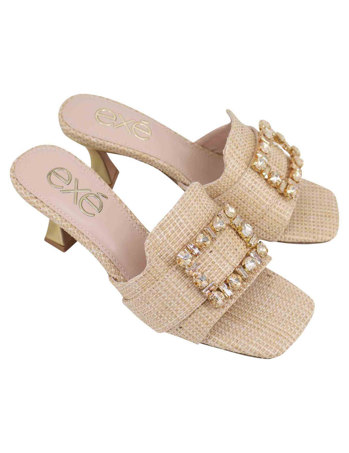 Spatarella Sandali donna in tessuto rafia beige con morsetto e tacco oro Only for today