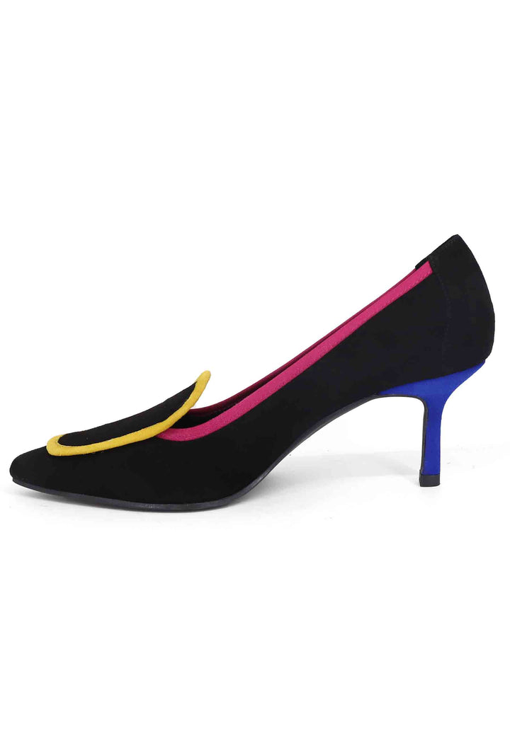 Spatarella Decollete donna in camoscio nero con riporti multicolore 50% di sconto per tempo limitato