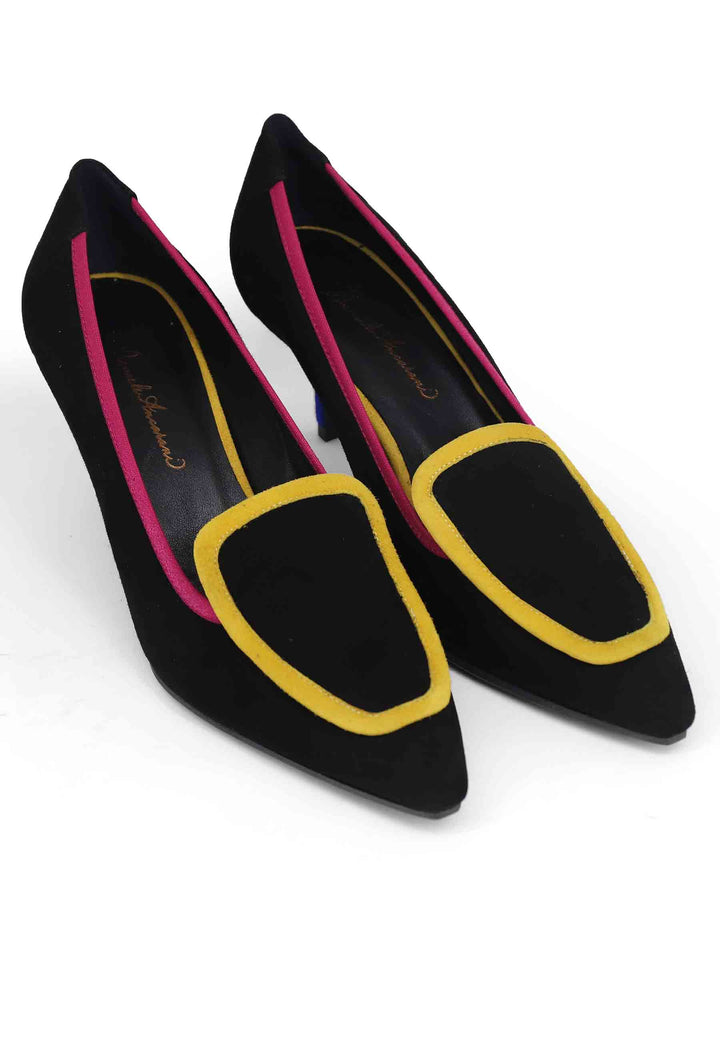 Spatarella Decollete donna in camoscio nero con riporti multicolore 50% di sconto per tempo limitato