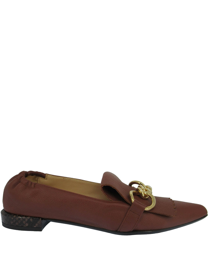 Spatarella Calzature Donna Mocassini In Pelle Cuoio con Frange e Catena Oro Punta a Punta e Tacco Basso Offerta temporanea