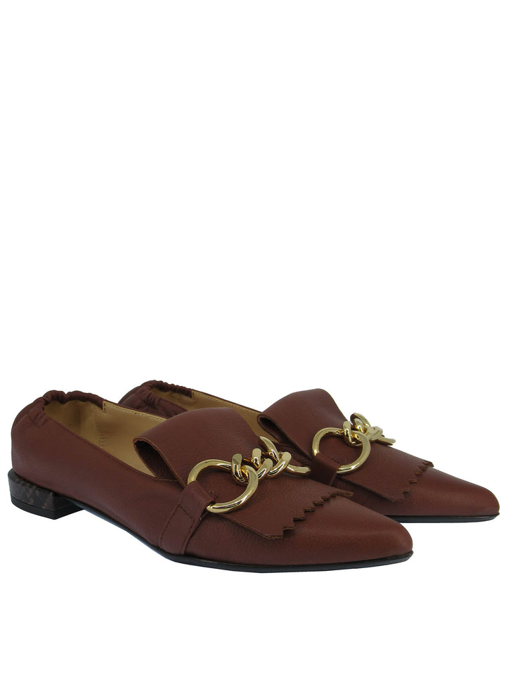 Spatarella Calzature Donna Mocassini In Pelle Cuoio con Frange e Catena Oro Punta a Punta e Tacco Basso Offerta temporanea
