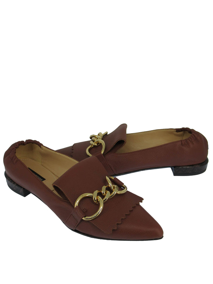 Spatarella Calzature Donna Mocassini In Pelle Cuoio con Frange e Catena Oro Punta a Punta e Tacco Basso Offerta temporanea