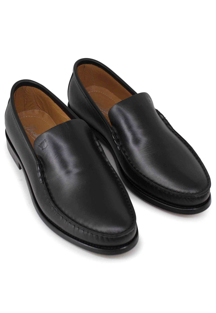 Spatarella Mocassini uomo in pelle nera con patta liscia e suola in cuoio cucita Prezzo basso