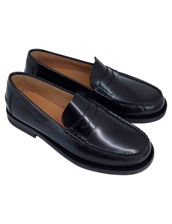 Spatarella Mocassini uomo in pelle nera con suola in cuoio cucita Ritorno libero