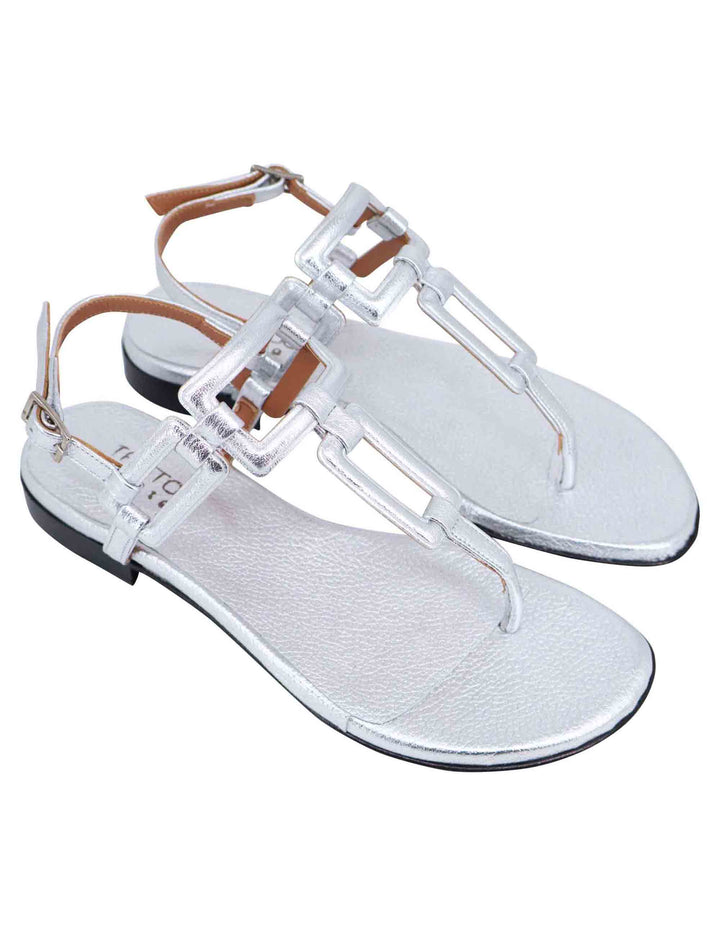 Spatarella Sandali flat slingback infradito donna in pelle laminata argento Black Friday Prezzi