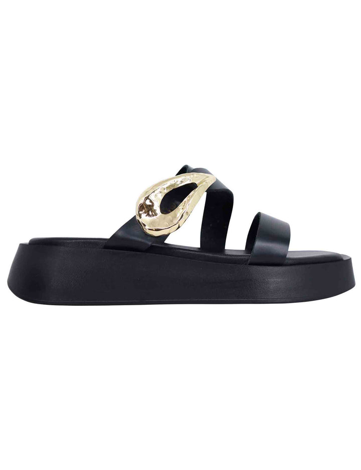 Spatarella Sandali donna in pelle nera con accessorio oro e zeppa in gomma Sconti questo mese