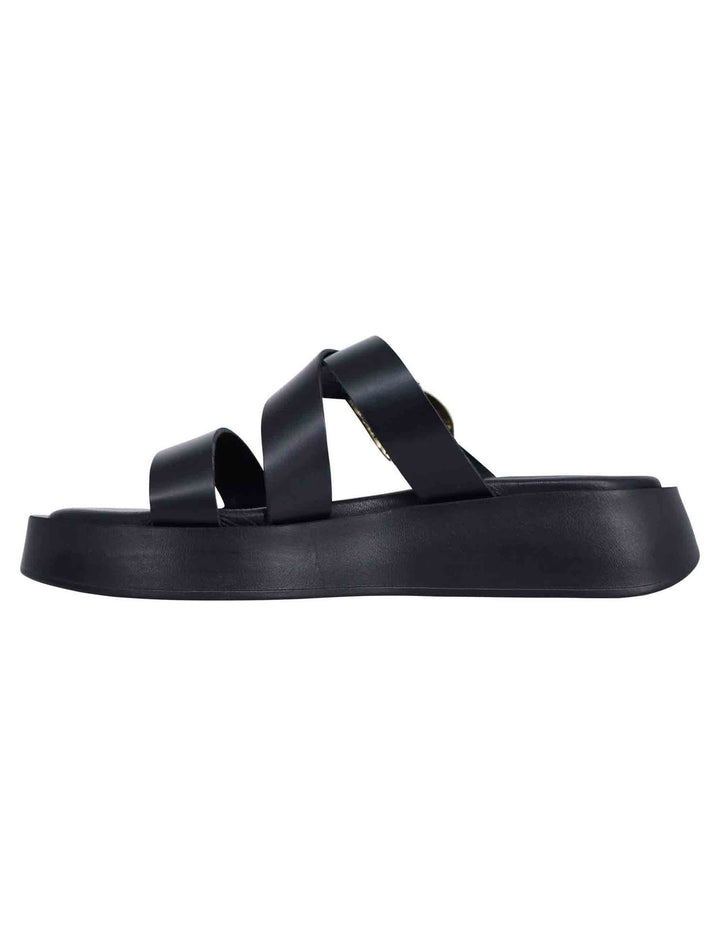 Spatarella Sandali donna in pelle nera con accessorio oro e zeppa in gomma Sconti questo mese