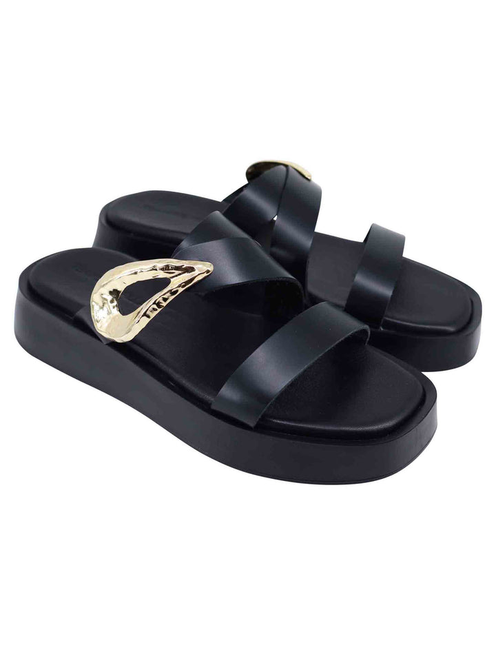 Spatarella Sandali donna in pelle nera con accessorio oro e zeppa in gomma Sconti questo mese