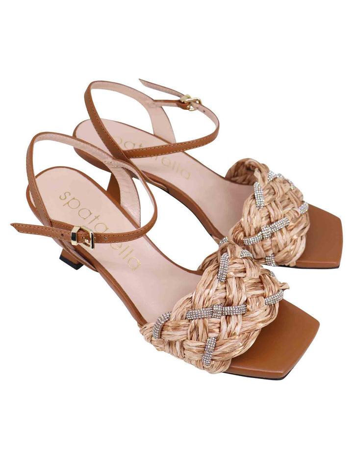 Spatarella Sandali donna in pelle cuoio con raffia e strass a tacco alto Acquista Ora