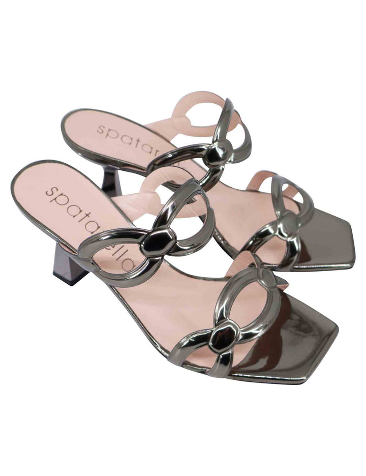 Spatarella Sandali donna in pelle laminata grigia con tacco alto e punta quadra Consegna Veloce