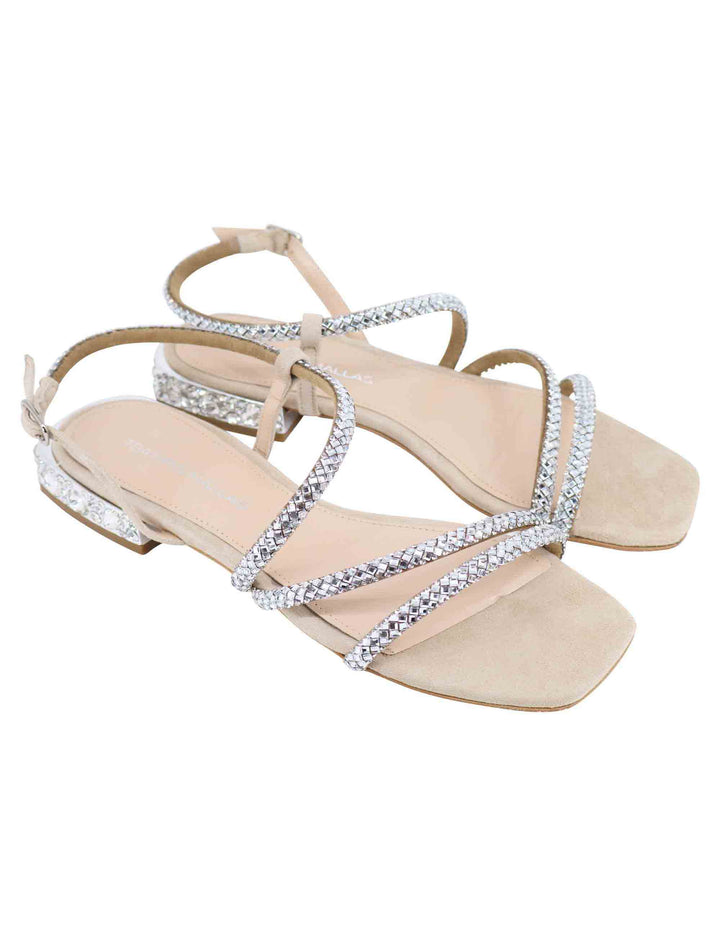 Spatarella Sandali bassi slingback donna in camoscio beige con strass e tacco gioiello Promozione Limitata