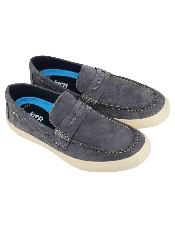 Spatarella Mocassini uomo Moki Suede in camoscio grigio con suola in gomma bianca Saldi