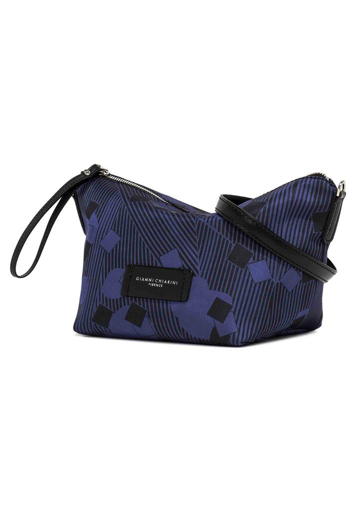 Spatarella Pochette donna in tessuto fantasia blu con manico e tracolla in pelle Fornitura limitata