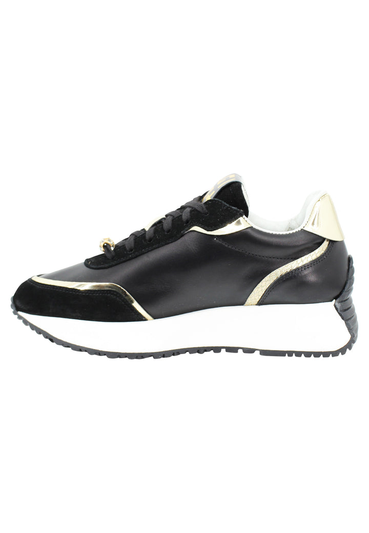 Spatarella Sneakers donna in pelle nera con riporti in pelle oro e zeppa in gomma bianca Offerta San Valentino