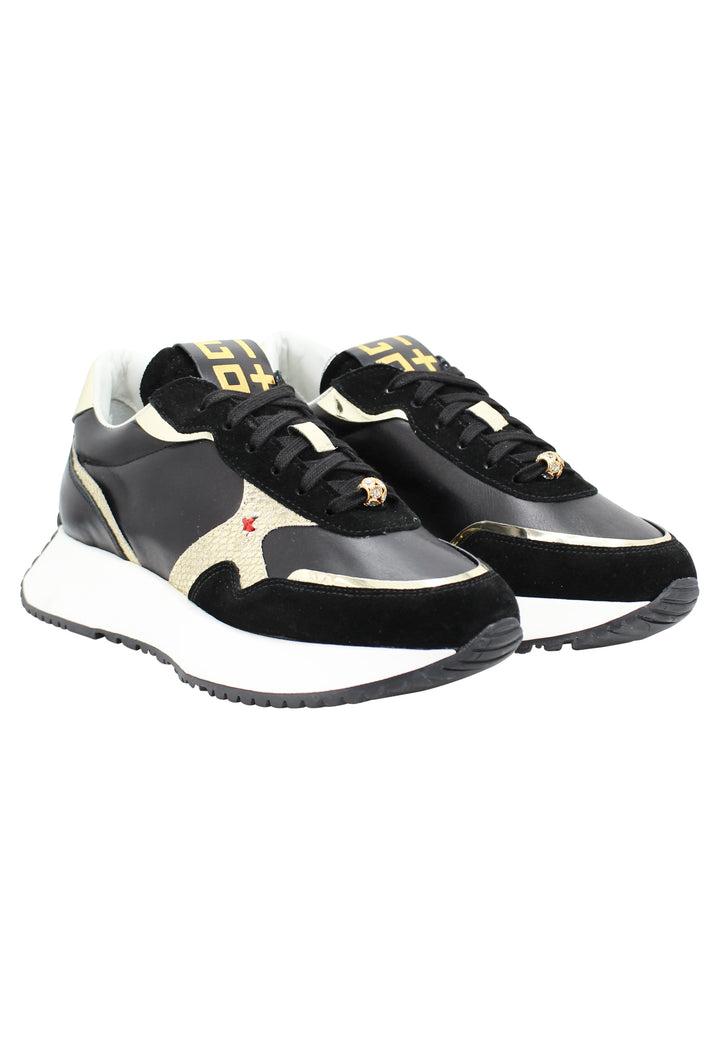 Spatarella Sneakers donna in pelle nera con riporti in pelle oro e zeppa in gomma bianca Offerta San Valentino