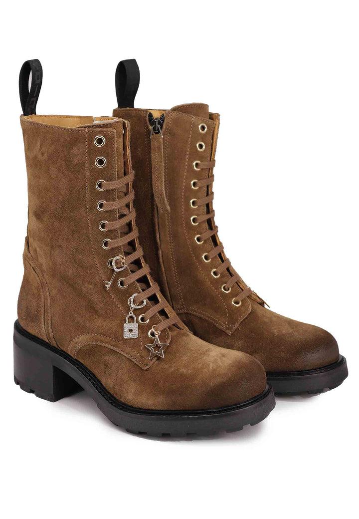 Spatarella Stivaletti anfibi donna in camoscio cuoio con accessori Offerta Anniversario