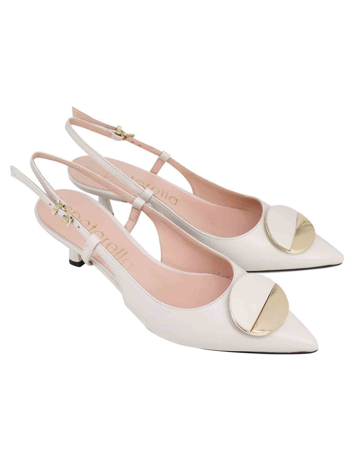 Spatarella Decollete slingback donna in pelle bianca con tacco basso e fibbia in oro Offerta temporanea